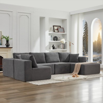 137.8" Corduroy Upholstery U-Shaped Cloud Modular Sectional Sofa with Right Chaise and Pillows, All-Foam Compression Design