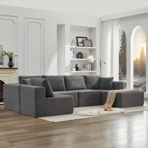 137.8" Corduroy Upholstery U-Shaped Cloud Modular Sectional Sofa with Right Chaise and Pillows, All-Foam Compression Design - 1 of 4