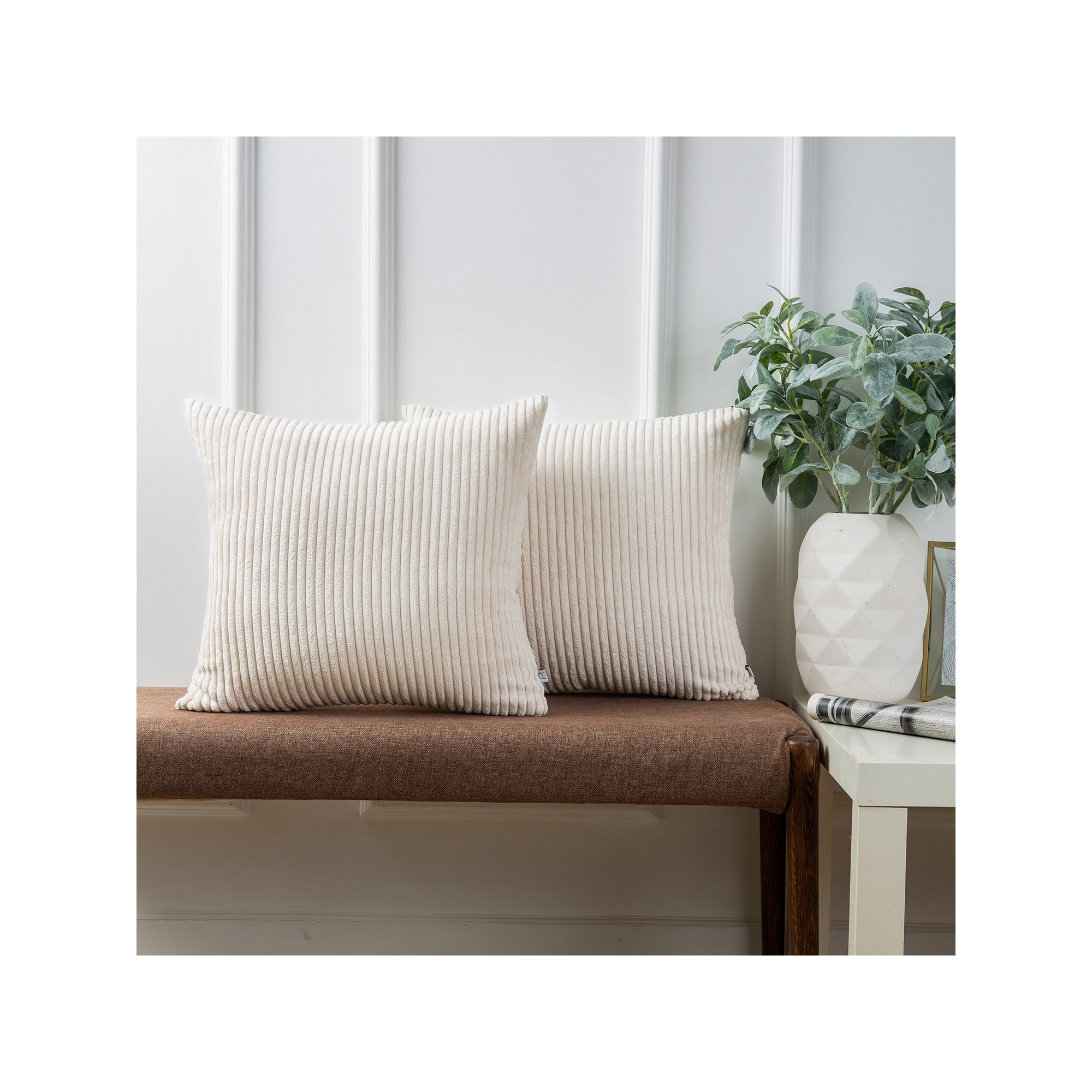 Phantoscope Soft Corduroy Striped Velvet Square Decorative Throw Pillow Cusions For Couch, 2 Pack, 22x22, Off White