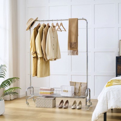 Commercial Foldable and Extendable Heavy Duty Garment Rack,Rolling Clothing Garment Rack with Basket on Wheels,2 Pcs in One Carton-Cuddlewood