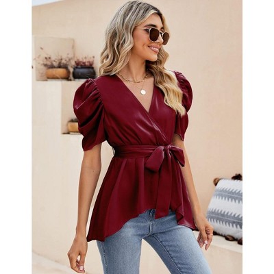 Peplum Tops for Women Dressy Sexy Deep V Neck Belted Tie Blouses Empire Waist Wrap Blouse Short Puff Sleeve