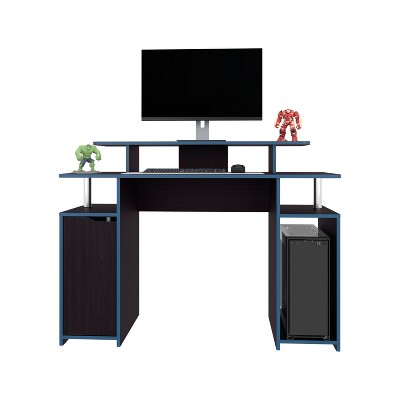 Vynxaria Modern Gaming Desk - 1 Door (Concealed Storage), 6 Shelves, Black Wengue / Blue Edge, Compact Design