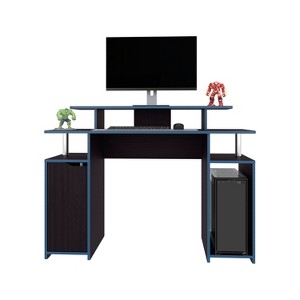 Vynxaria Modern Gaming Desk - 1 Door (Concealed Storage), 6 Shelves, Black Wengue / Blue Edge, Compact Design - 1 of 4