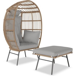 Egg Chair Wicker Outdoor Chairs, Oversize Patio Chair Rattan Lounger Chair w/ 4 Cushions & Steel Frame Stand for Indoor Outdoor Patio Backyard - 1 of 4