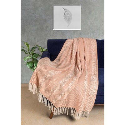 Blush and White Cotton Knotted Fringe Throw Blanket, 50x60