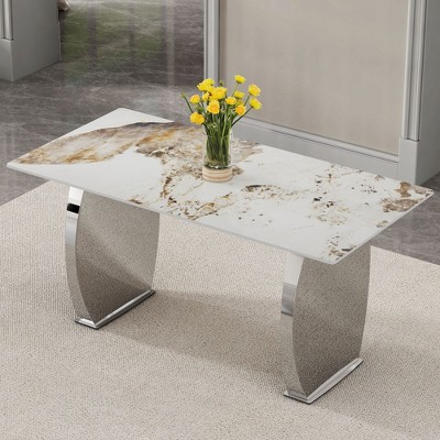 NicBex Dining Table 63" Modern Rectangular Dining Table with Imitation Marbled Rock Plate Top for Kitchen, Dining Room