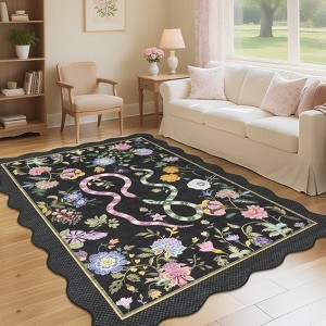 Scalloped Edge Area Rugs for Living Room Bedroom Floral Printed Snake Pattern Washable Rug Soft Non-Slip Low Pile Accent Rug - 1 of 4