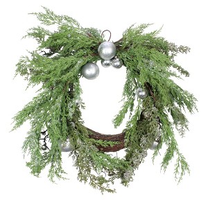 Northlight 24" Unlit Iced Cedar Silver Ornaments and Bells Artificial Christmas Wreath - 1 of 3