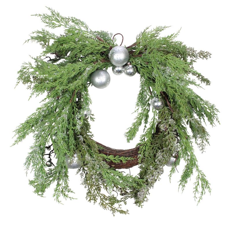 Northlight 24" Unlit Iced Cedar Silver Ornaments and Bells Artificial Christmas Wreath, 1 of 5