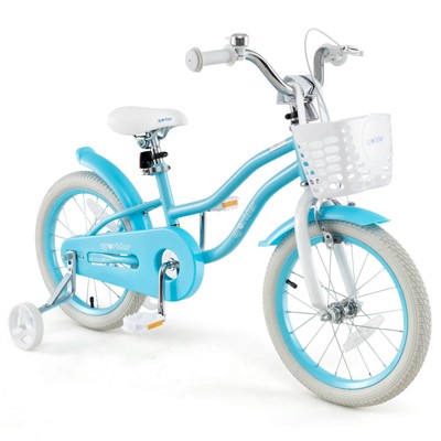 Infans 16 Inch Kids Bike, w/Training Wheels, Handbrake & Coaster Brake, Fully Enclosed Chain, Adjustable Handlebar & Seat, Kids Bicycle w/Basket, Blue