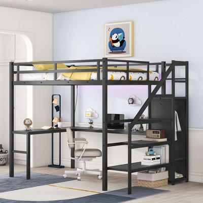 NicBex Full Size Bunk Bed with "L" Shape Desk Metal Frame Bed Frame with Storage Stairs, Cabinet, Guardrails and Adjustable Shelf, Black