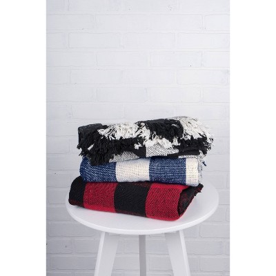 Navy and Off-White Buffalo Check Cotton Throw Blanket