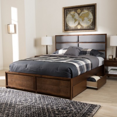 Walnut and Gray Upholstered Queen Storage Platform Bed with Drawers
