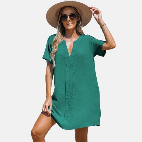 Women's V Neck Shirt Cover Up Dress - Cupshe-xl-green : Target