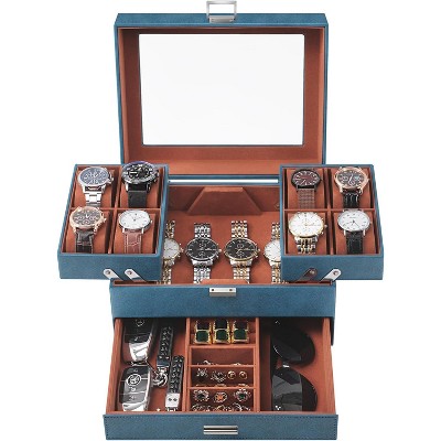 Watch Case for Men, 8 Slot Watch Display Case, 3 Layers Large Sunglass Storage Organize