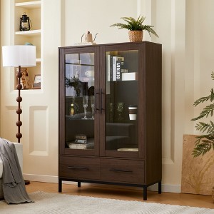 Sapphtopaz 60'' Tall Display Cabinet Decorative Storage Cabinet Sideboard Buffet Cabinet with Storage Glass Door 2 Drawers for Office, Living Room - 1 of 4