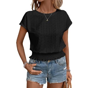 Women's Summer Eyelet Embroidered Short Sleeve Blouse with Smocked Waist Casual Crew Neck Top - 1 of 4