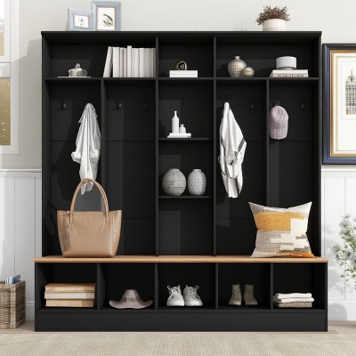 4-In-1 Particle Board Hall Tree Entryway With Bench Shoe Storage,Coat Rack With 8 Hooks And Cube Storage,For Hallways,Living Room-Cuddlewood