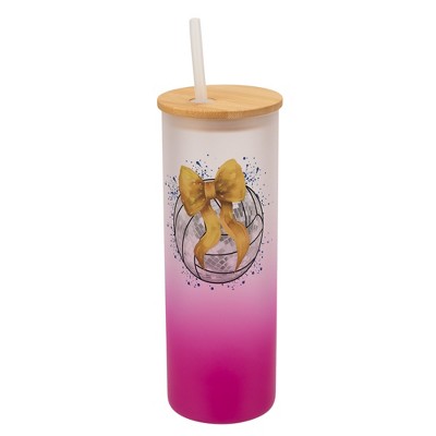 Elanze Designs 25 Ounce Frosted Glass Gradient Travel Tumbler With Straw and Wooden Lid, Volleyball With Gold Bow Pink