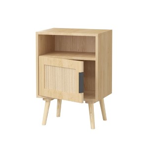 TIRAMISUBEST Oak Rattan Nightstand - 22.83" Bedside Table with Door & Open Shelf for Bedroom/Dorm - 1 of 4