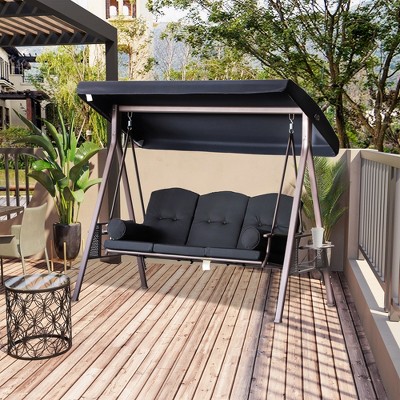 Black Steel Outdoor Patio Swing with Cushions and Canopy