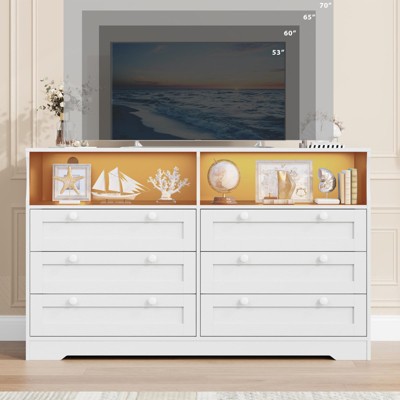 Dresser for Bedroom, Large Wooden Bedroom Dressers with Drawers, 55 Inch Wide Tv Dresser for Bedroom with Power Outlet and Led Lights