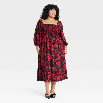 Latino Heritage Month Women's Long Sleeve Midi Smocked Dress - Black
