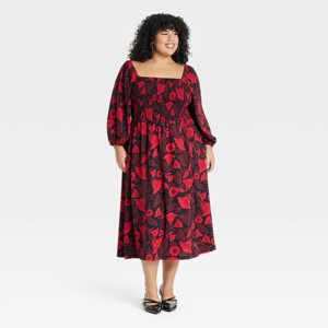 Latino Heritage Month Women's Long Sleeve Midi Smocked Dress - Black - 1 of 4