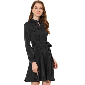 INSPIRE CHIC Women's Mock Neck Long Sleeve Satin Keyhole Tie Waist A-line Dress - 1 of 4