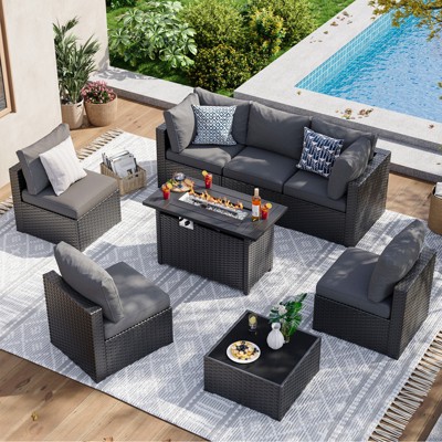 Aoxun 8pc Outdoor Patio Furniture Set with 44" Propane Fire Pit Table, Wicker Sectional Sofa with Cushions, Grey