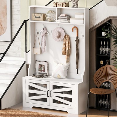 CAVINAS Hall Tree with 7 Hooks Modern Coat Rack with Storage Bench and Adjustable Shelves for Entryway