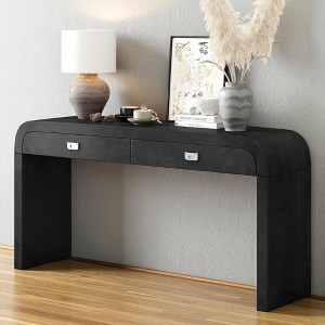 Mshliw 60 Inch Burl Veneer Console Table with 2 Drawers and Zinc Handles, Dining Table, Rectangular Entryway Table for Living Room or Hallway - 1 of 4