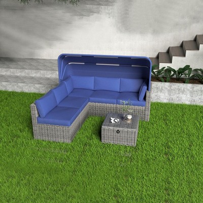 FIONECA 6-Piece Outdoor Rattan Daybed Set with Retractable Canopy & Adjustable Chaise