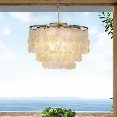 ALOADECOR Unique/Statement Coastal Natural Capiz Shell Round Tiered Chandelier