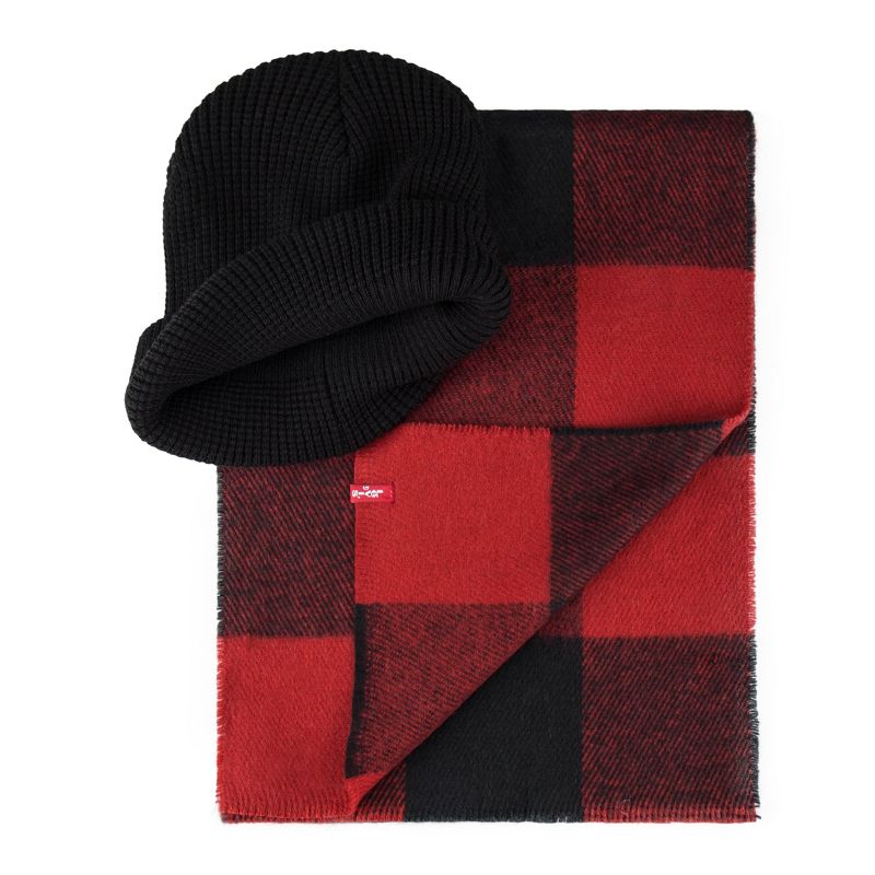 Levi's Men's Waffle Knit Beanie Hat and Plaid Scarf Set, 2 of 6