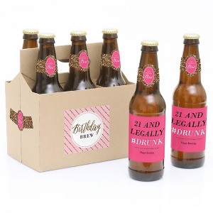 Big Dot of Happiness Finally 21 - Girl - 21st Birthday Party Decorations for Women - 6 Beer Bottle Label Stickers and 1 Carrier - 1 of 4