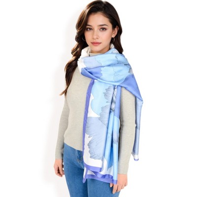 Anna-Kaci Women's Elegant Floral Satin Scarf with Vibrant Blue and Lavender Tones for Chic and Versatile Styling