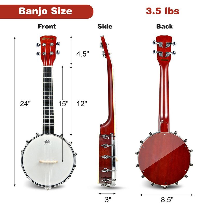 Costway 24'' 4-String Banjo Ukulele Remo Drumhead Gig Bag for Kid Adult Beginner, 3 of 11