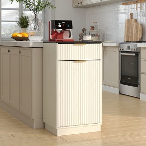 JANSNO 10-Gallon Woodgrain Tilt-Out Trash Can Cabinet with Wave-Textured Hideaway Drawer & Pull-Out Bin, Walnut - 1 of 4