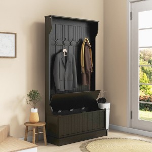 HDZNVF 3-In-1 Entryway Hall Tree with Storage Bench, Coat Rack with 4 Hooks and Shoe Storage, Black - 1 of 4