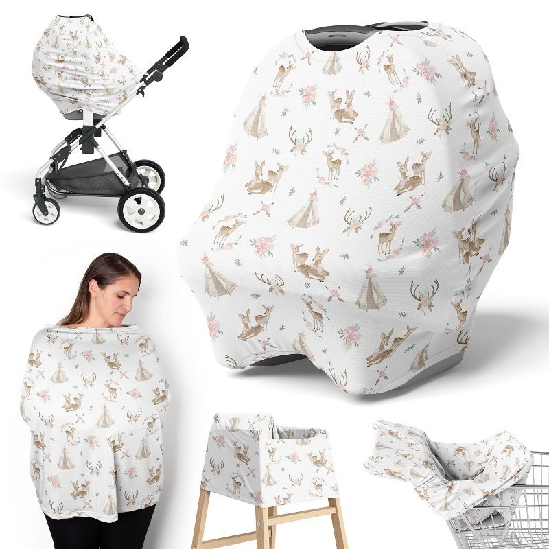 Sweet Jojo Designs Girl 5-in-1 Multi Use Baby Nursing Cover Deer Floral Pink Green and White, 1 of 5