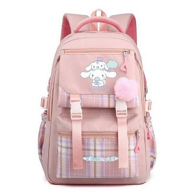 Paaaawaters Cute Plaid School Backpack for Girls with Multiple Pockets Pom Pom Charm Pink
