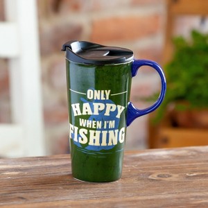 Evergreen Beautiful Only Happy When I'm Fishing Ceramic Travel Cup with Lid - 5 x 4 x 7 Inches - 1 of 4