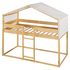 CLIHOME Rustic Twin Over Twin Wood Bunk Bed Frame with Tent and Ladder - 1 of 4