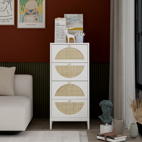 Arina Farmhouse Rattan Vertical 4 Drawers Dresser With White Finish ...