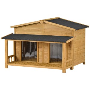 47.2" Large Wooden Dog House Outdoor, Solid Wood Dog Crate, Outdoor and Indoor Dog Crate, Cabin Style, With Porch, 2 Doors - 1 of 4