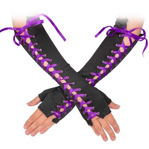 Skeleteen Girls Fingerless Lace-up Gloves - Black and Purple - 1 of 3