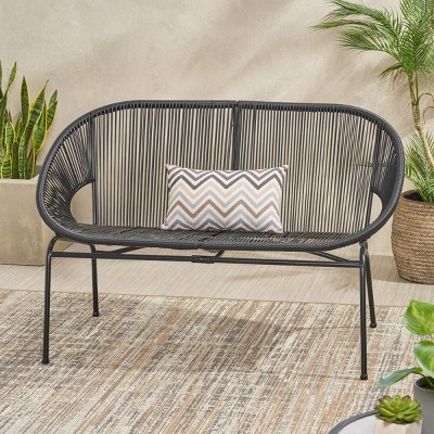 Outdoor Patio Rattan Loveseat,Polyethylene Rattan Woven Basket Loveseat,Garden Hammock Weave Design Benches With Metal Frame-Coolbibila