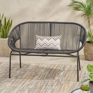 Outdoor Patio Rattan Loveseat,Polyethylene Rattan Woven Basket Loveseat,Garden Hammock Weave Design Benches With Metal Frame-Coolbibila - 1 of 4
