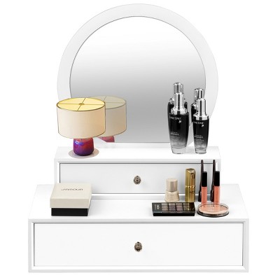 Tangkula Wall Mounted Vanity Mirror Makeup Dressing for Bedroom Space Saving 2/2 Drawers
